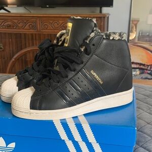 adidas Superstar High-Top Sneakers in Black, White & Leopard Trim